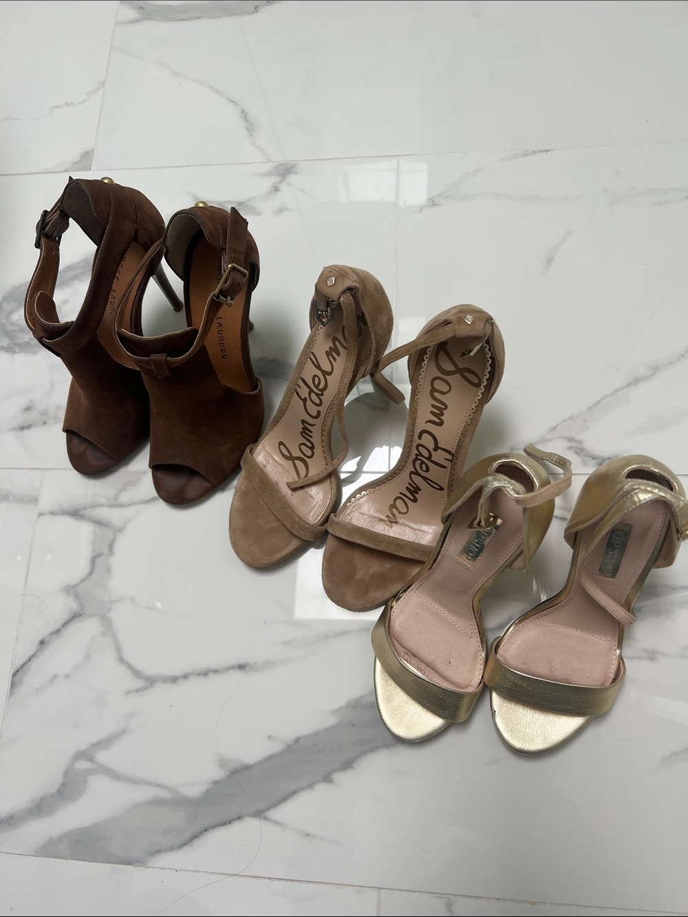Bundle of 3 pairs heels in Brown, Taupe, and Gold